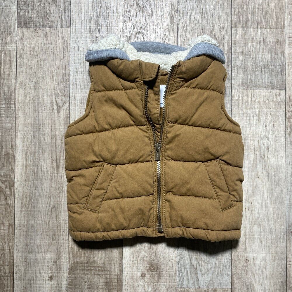 Old Navy Kids Heavy Down Brown Puffer Vest With Hood Size 12-18M